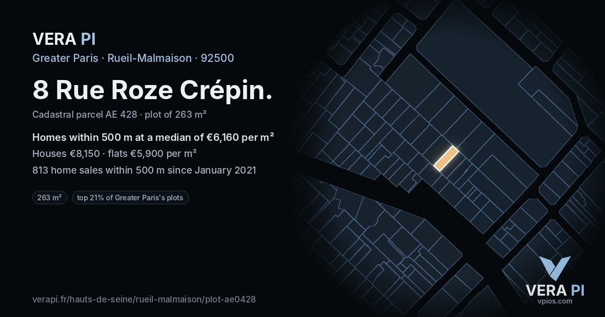 8 Rue Roze Crépin, Rueil-Malmaison at night – the plot lit, the parcels around coloured by the prices near them