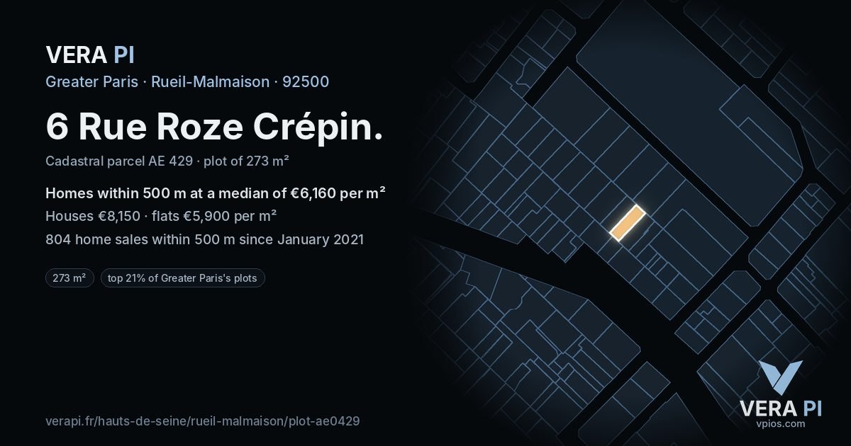 6 Rue Roze Crépin, Rueil-Malmaison at night – the plot lit, the parcels around coloured by the prices near them