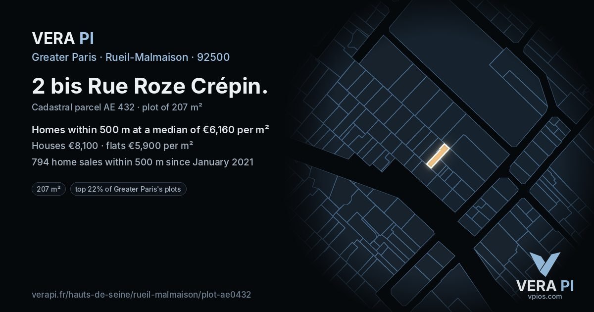 2 bis Rue Roze Crépin, Rueil-Malmaison at night – the plot lit, the parcels around coloured by the prices near them
