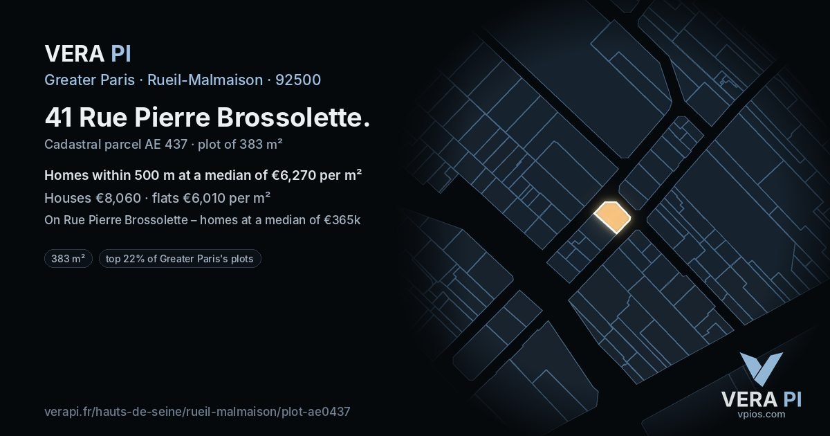 41 Rue Pierre Brossolette, Rueil-Malmaison at night – the plot lit, the parcels around coloured by the prices near them