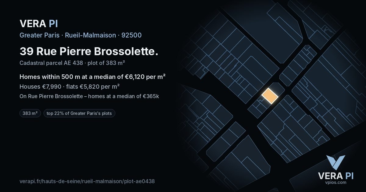 39 Rue Pierre Brossolette, Rueil-Malmaison at night – the plot lit, the parcels around coloured by the prices near them