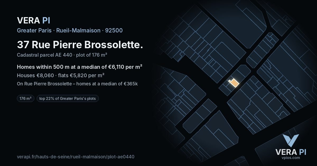 37 Rue Pierre Brossolette, Rueil-Malmaison at night – the plot lit, the parcels around coloured by the prices near them