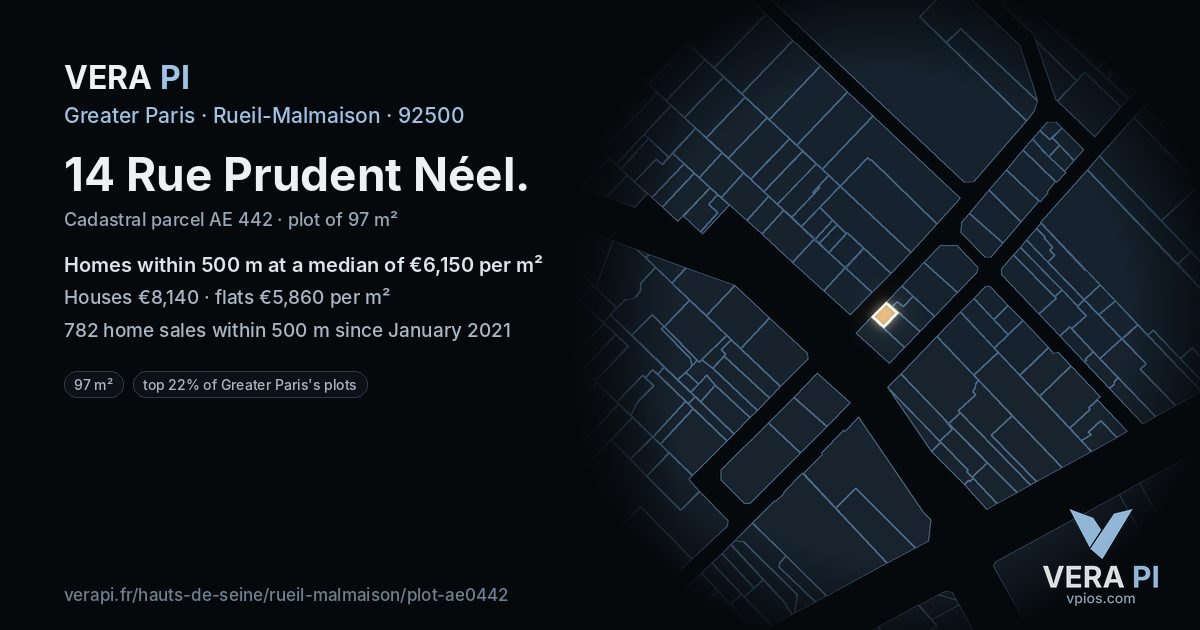 14 Rue Prudent Néel, Rueil-Malmaison at night – the plot lit, the parcels around coloured by the prices near them