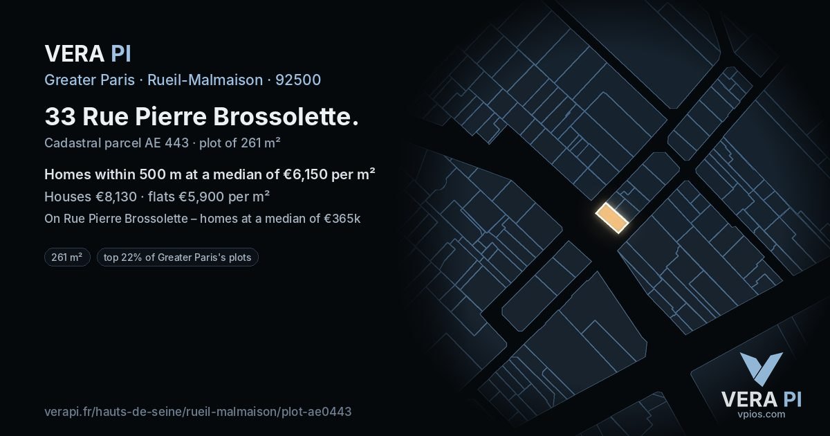 33 Rue Pierre Brossolette, Rueil-Malmaison at night – the plot lit, the parcels around coloured by the prices near them