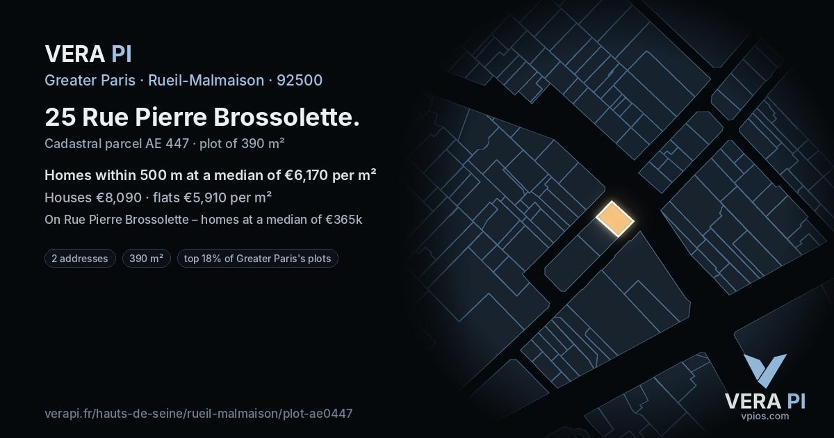 25 Rue Pierre Brossolette, Rueil-Malmaison at night – the plot lit, the parcels around coloured by the prices near them