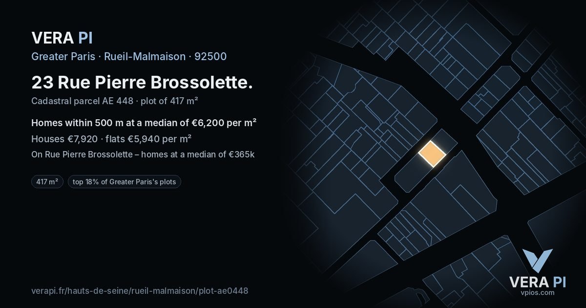 23 Rue Pierre Brossolette, Rueil-Malmaison at night – the plot lit, the parcels around coloured by the prices near them