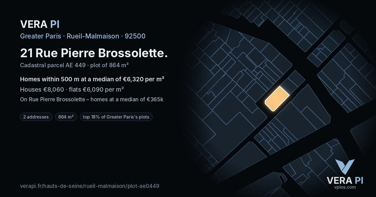 21 Rue Pierre Brossolette, Rueil-Malmaison at night – the plot lit, the parcels around coloured by the prices near them