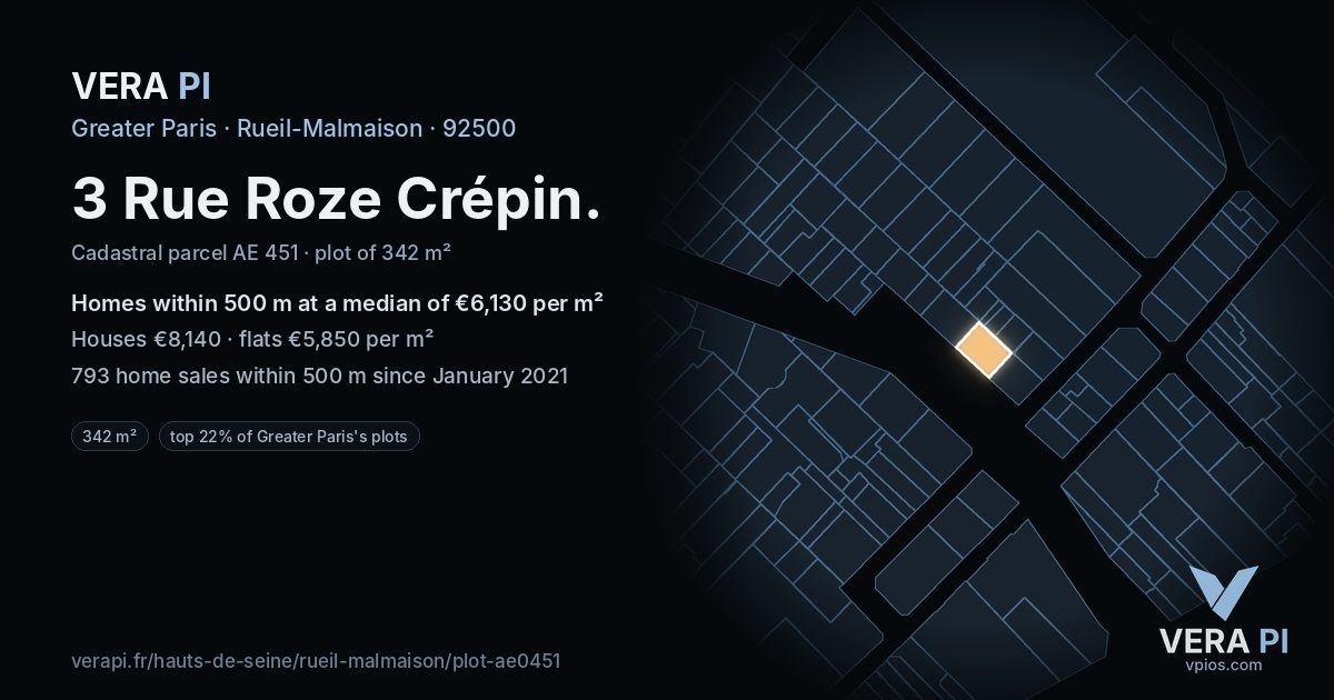 3 Rue Roze Crépin, Rueil-Malmaison at night – the plot lit, the parcels around coloured by the prices near them