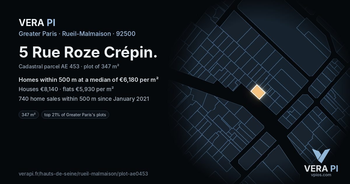 5 Rue Roze Crépin, Rueil-Malmaison at night – the plot lit, the parcels around coloured by the prices near them