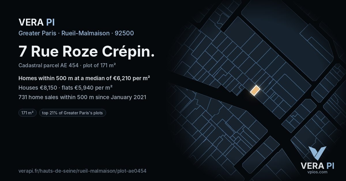 7 Rue Roze Crépin, Rueil-Malmaison at night – the plot lit, the parcels around coloured by the prices near them