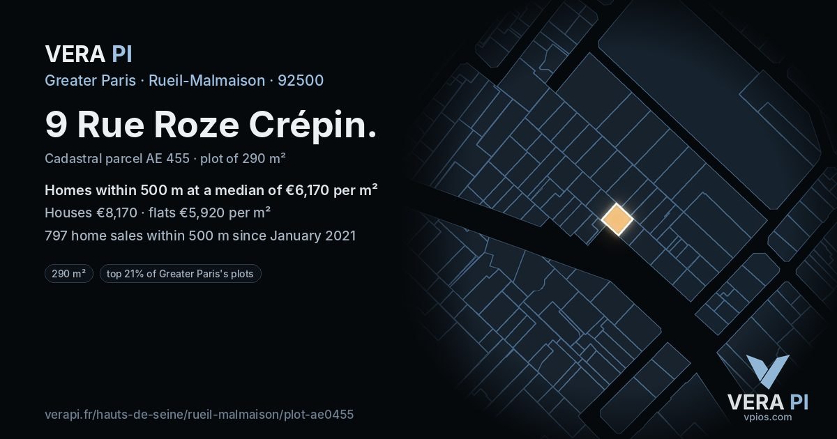 9 Rue Roze Crépin, Rueil-Malmaison at night – the plot lit, the parcels around coloured by the prices near them