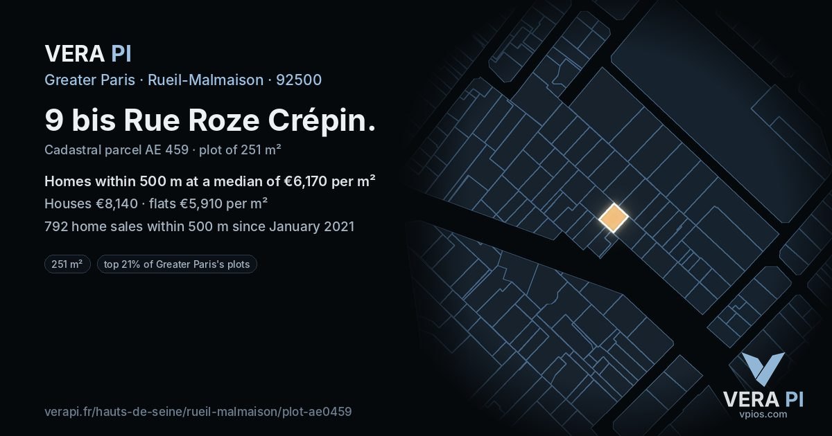 9 bis Rue Roze Crépin, Rueil-Malmaison at night – the plot lit, the parcels around coloured by the prices near them