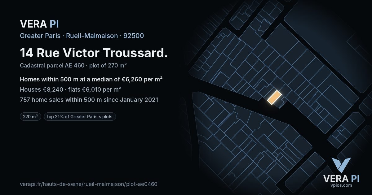 14 Rue Victor Troussard, Rueil-Malmaison at night – the plot lit, the parcels around coloured by the prices near them