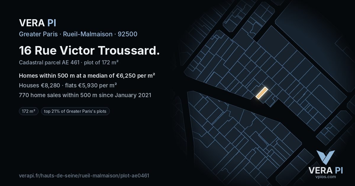 16 Rue Victor Troussard, Rueil-Malmaison at night – the plot lit, the parcels around coloured by the prices near them