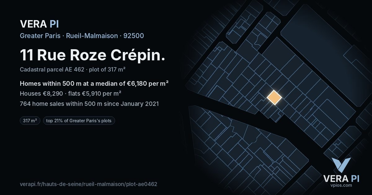 11 Rue Roze Crépin, Rueil-Malmaison at night – the plot lit, the parcels around coloured by the prices near them