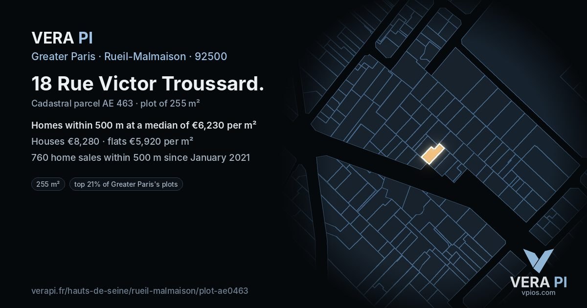 18 Rue Victor Troussard, Rueil-Malmaison at night – the plot lit, the parcels around coloured by the prices near them
