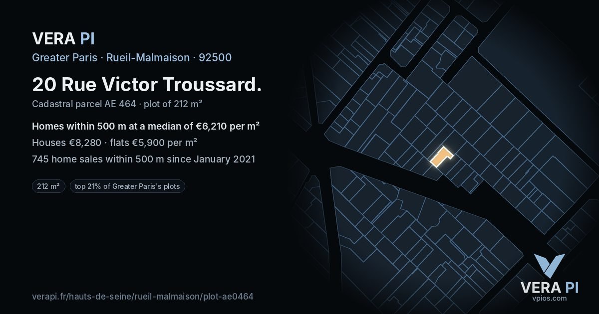 20 Rue Victor Troussard, Rueil-Malmaison at night – the plot lit, the parcels around coloured by the prices near them