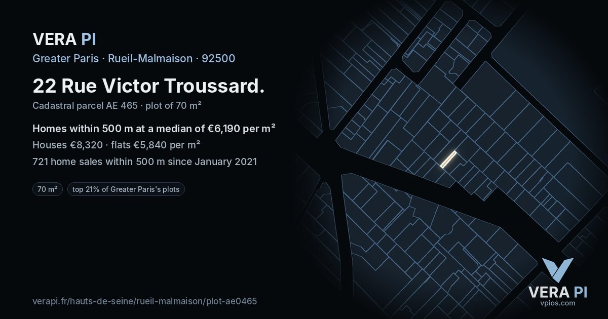 22 Rue Victor Troussard, Rueil-Malmaison at night – the plot lit, the parcels around coloured by the prices near them