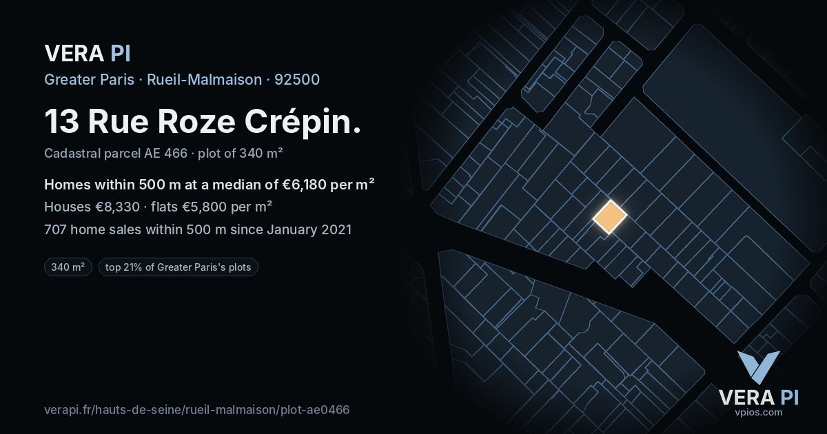 13 Rue Roze Crépin, Rueil-Malmaison at night – the plot lit, the parcels around coloured by the prices near them