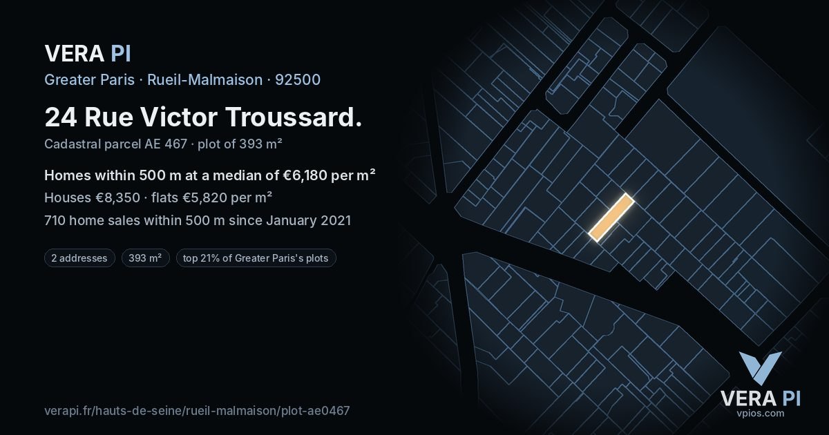 24 Rue Victor Troussard, Rueil-Malmaison at night – the plot lit, the parcels around coloured by the prices near them
