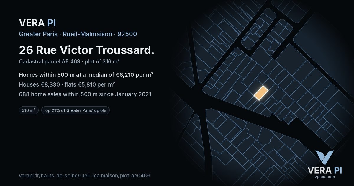 26 Rue Victor Troussard, Rueil-Malmaison at night – the plot lit, the parcels around coloured by the prices near them