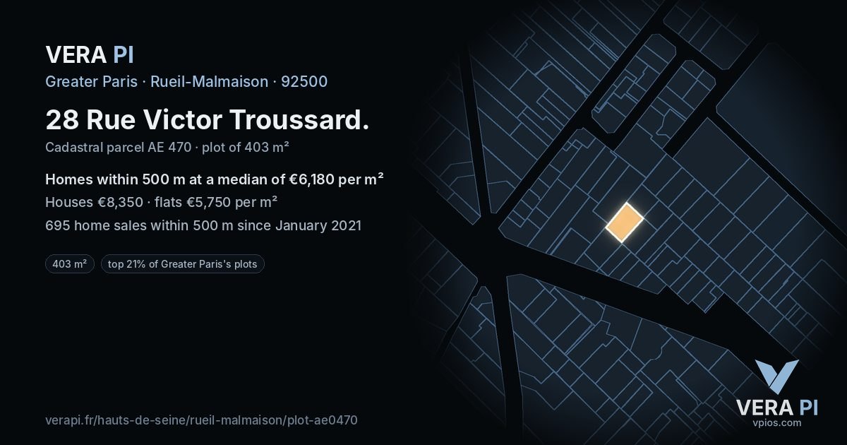 28 Rue Victor Troussard, Rueil-Malmaison at night – the plot lit, the parcels around coloured by the prices near them