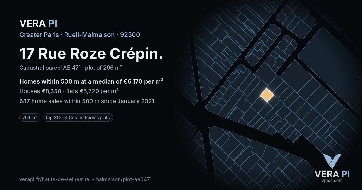 17 Rue Roze Crépin, Rueil-Malmaison at night – the plot lit, the parcels around coloured by the prices near them