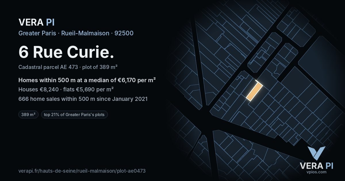 6 Rue Curie, Rueil-Malmaison at night – the plot lit, the parcels around coloured by the prices near them