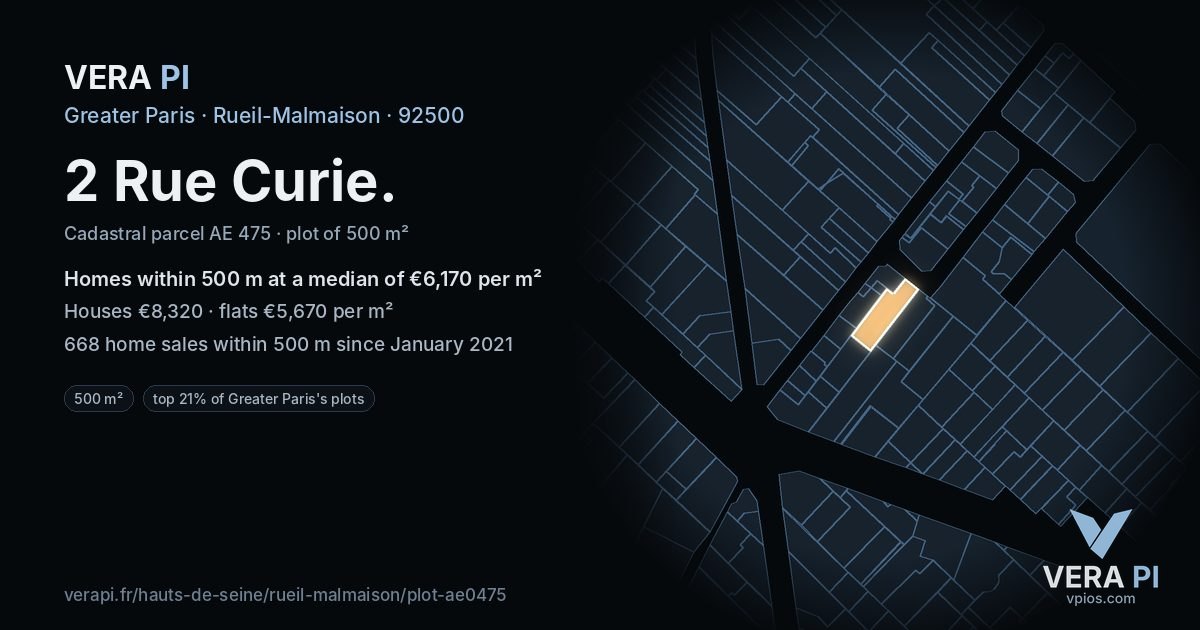 2 Rue Curie, Rueil-Malmaison at night – the plot lit, the parcels around coloured by the prices near them