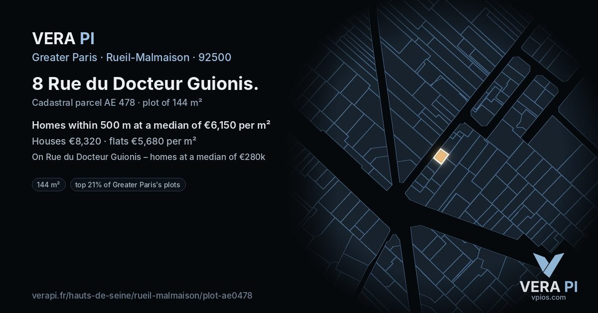 8 Rue du Docteur Guionis, Rueil-Malmaison at night – the plot lit, the parcels around coloured by the prices near them