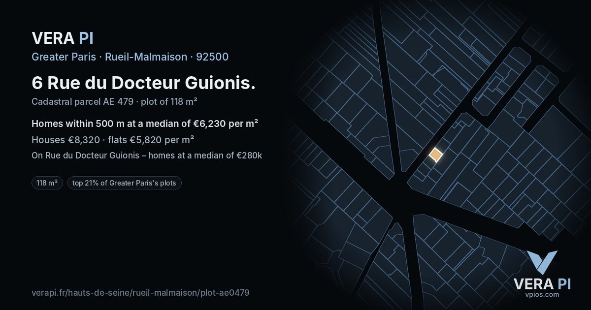 6 Rue du Docteur Guionis, Rueil-Malmaison at night – the plot lit, the parcels around coloured by the prices near them
