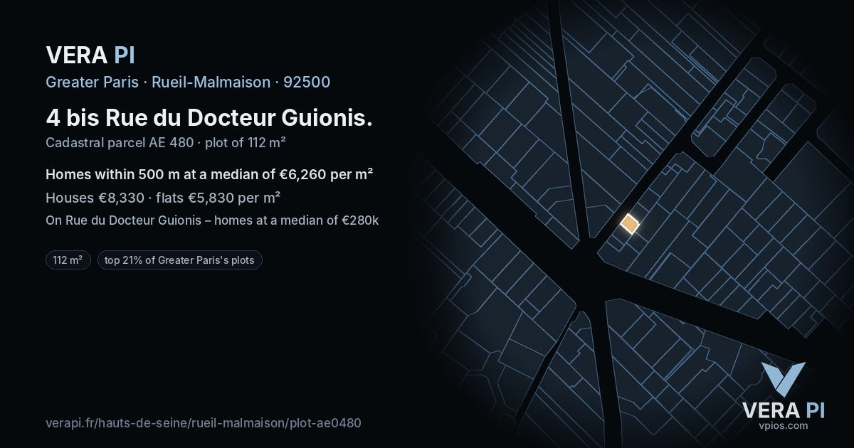 4 bis Rue du Docteur Guionis, Rueil-Malmaison at night – the plot lit, the parcels around coloured by the prices near them