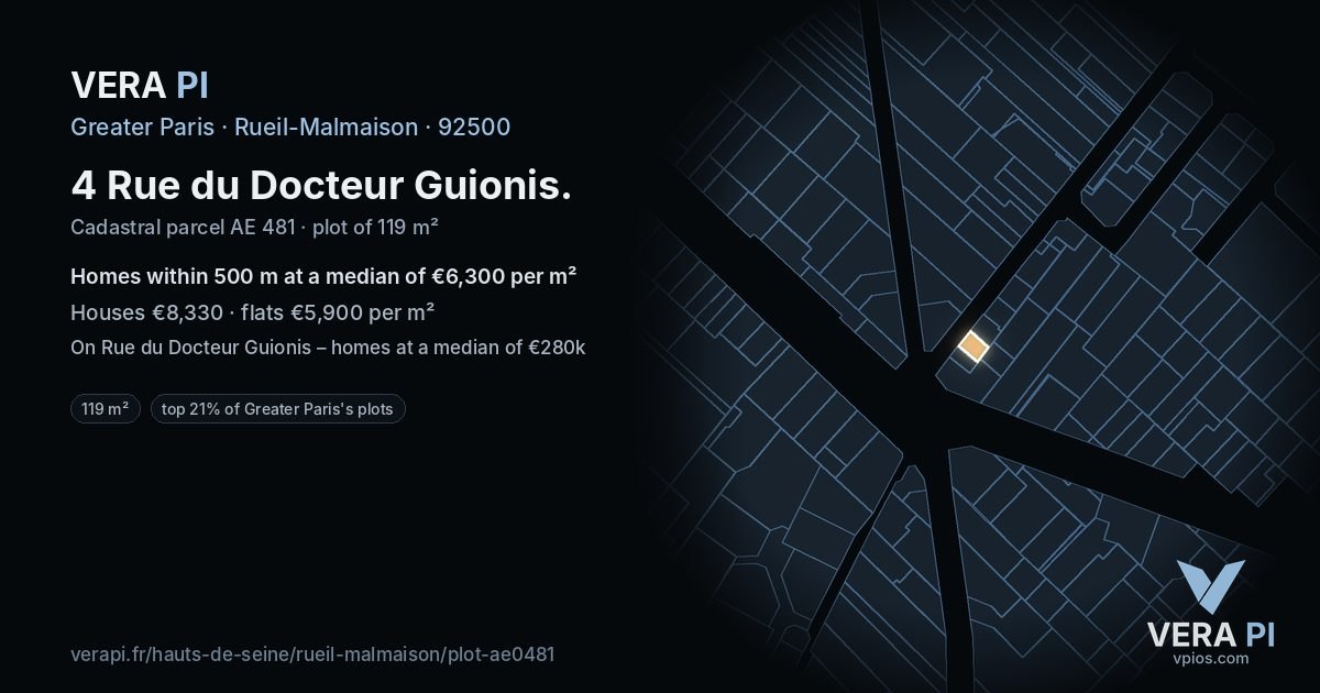 4 Rue du Docteur Guionis, Rueil-Malmaison at night – the plot lit, the parcels around coloured by the prices near them