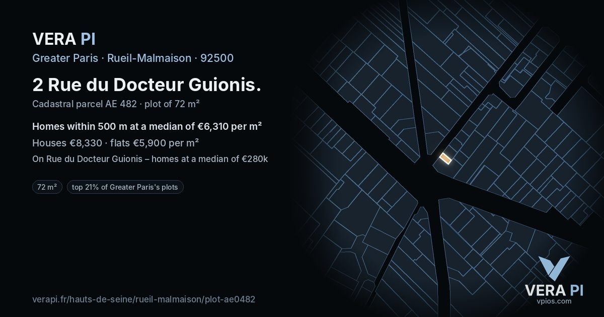2 Rue du Docteur Guionis, Rueil-Malmaison at night – the plot lit, the parcels around coloured by the prices near them