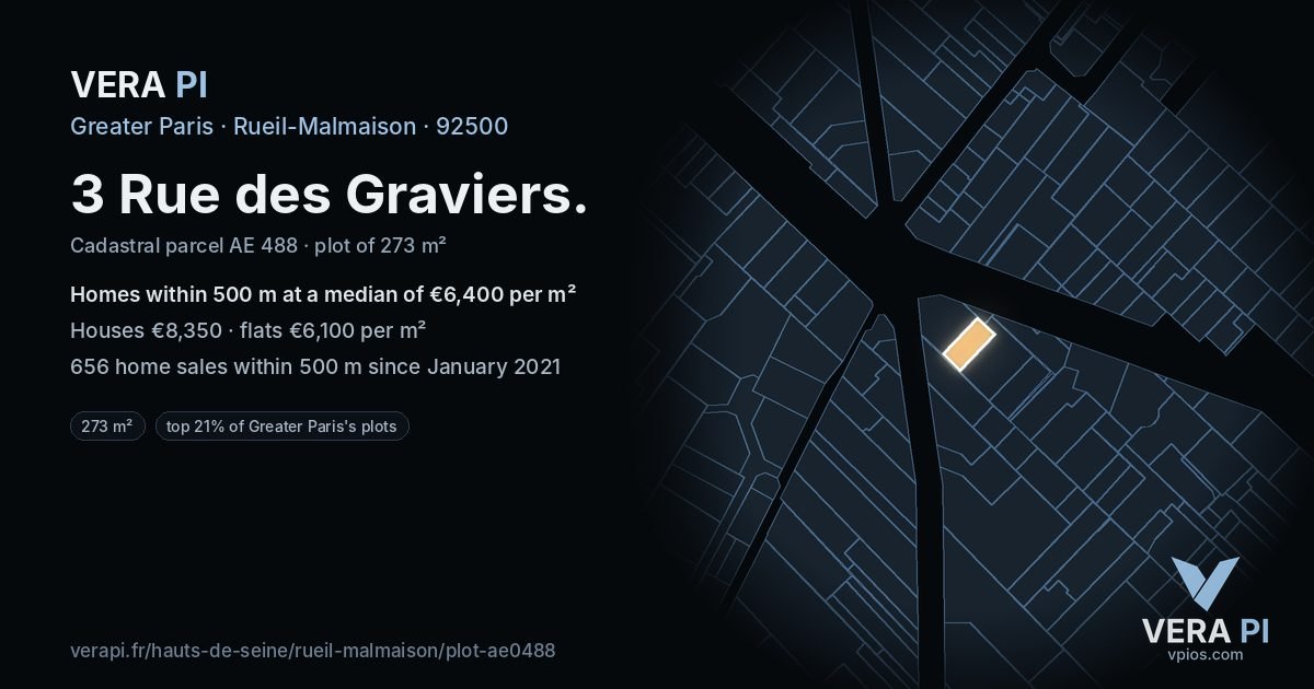 3 Rue des Graviers, Rueil-Malmaison at night – the plot lit, the parcels around coloured by the prices near them