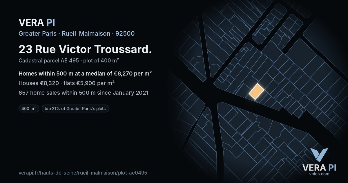 23 Rue Victor Troussard, Rueil-Malmaison at night – the plot lit, the parcels around coloured by the prices near them