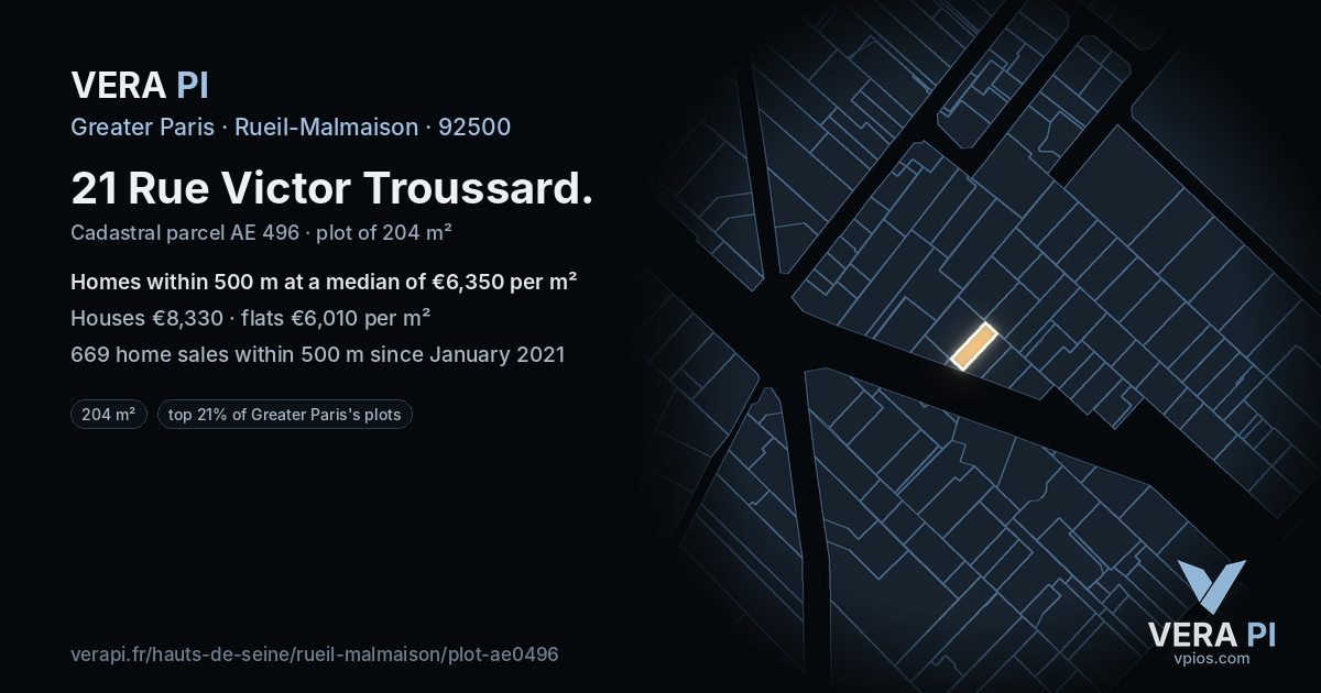 21 Rue Victor Troussard, Rueil-Malmaison at night – the plot lit, the parcels around coloured by the prices near them
