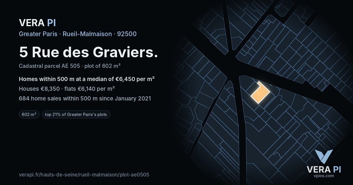 5 Rue des Graviers, Rueil-Malmaison at night – the plot lit, the parcels around coloured by the prices near them