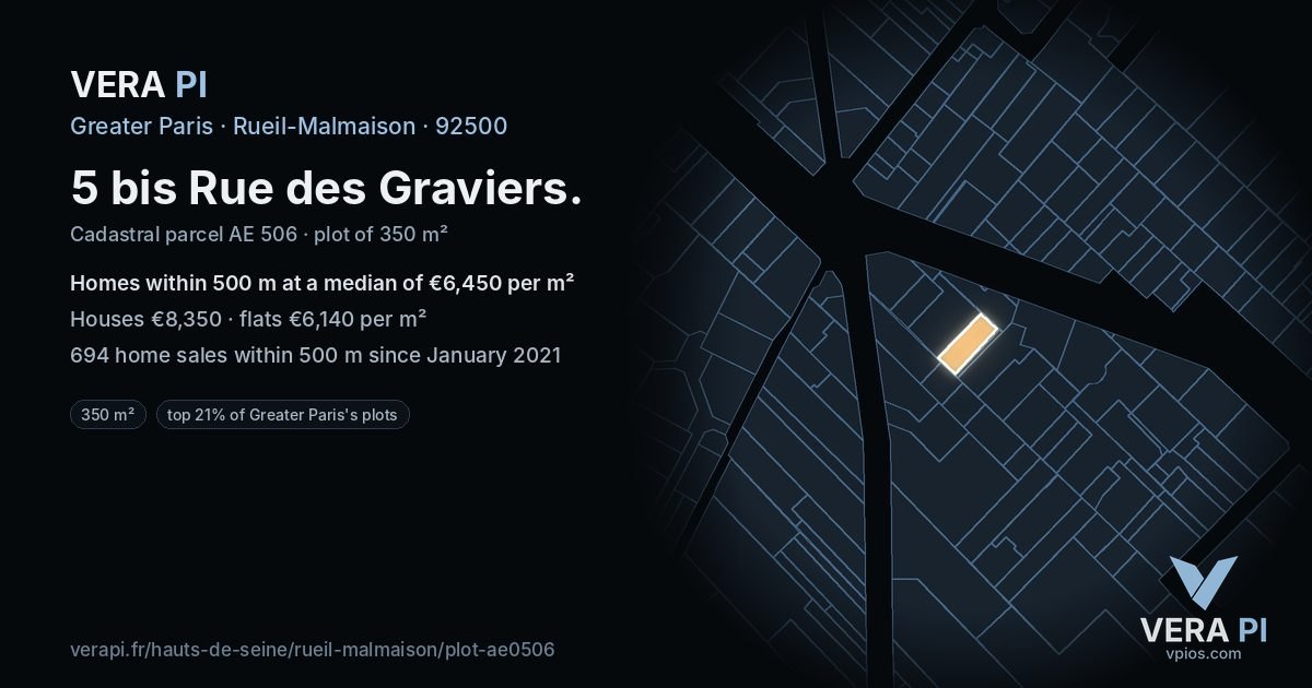 5 bis Rue des Graviers, Rueil-Malmaison at night – the plot lit, the parcels around coloured by the prices near them