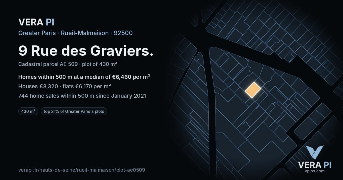 9 Rue des Graviers, Rueil-Malmaison at night – the plot lit, the parcels around coloured by the prices near them