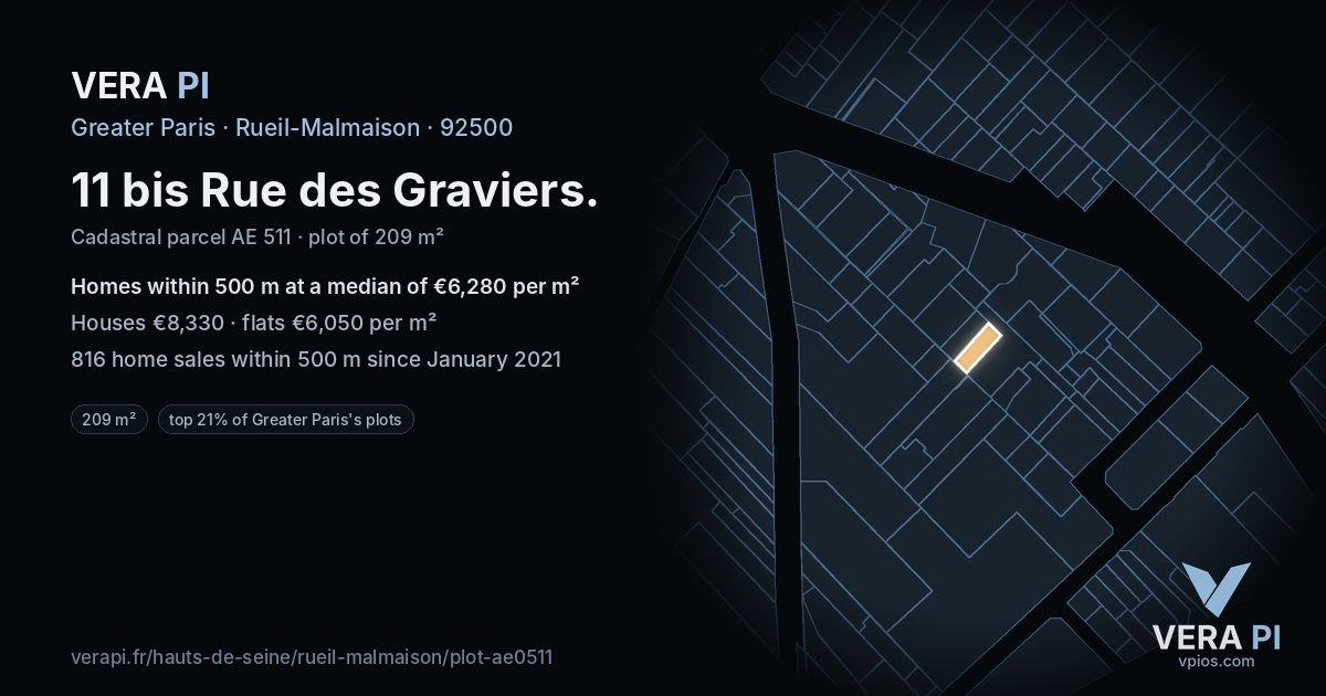 11 bis Rue des Graviers, Rueil-Malmaison at night – the plot lit, the parcels around coloured by the prices near them