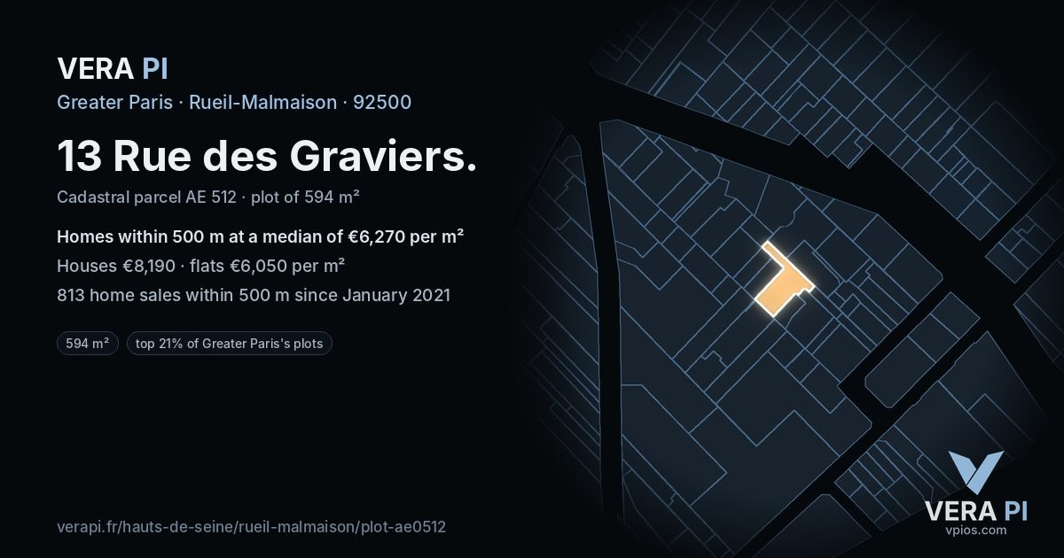 13 Rue des Graviers, Rueil-Malmaison at night – the plot lit, the parcels around coloured by the prices near them