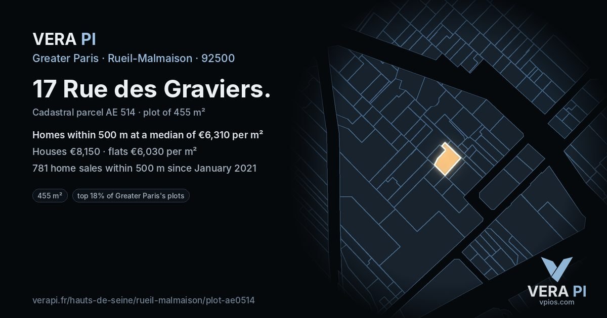 17 Rue des Graviers, Rueil-Malmaison at night – the plot lit, the parcels around coloured by the prices near them