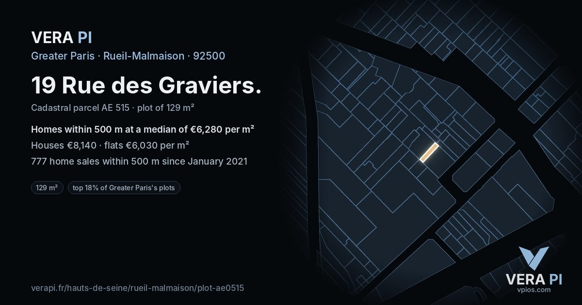 19 Rue des Graviers, Rueil-Malmaison at night – the plot lit, the parcels around coloured by the prices near them