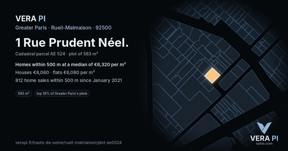 1 Rue Prudent Néel, Rueil-Malmaison at night – the plot lit, the parcels around coloured by the prices near them