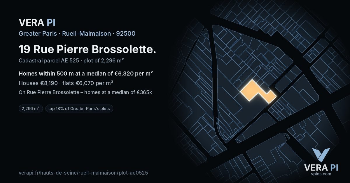19 Rue Pierre Brossolette, Rueil-Malmaison at night – the plot lit, the parcels around coloured by the prices near them