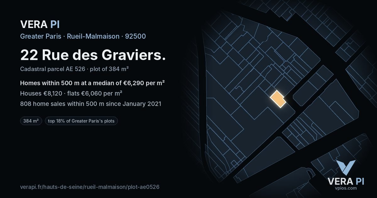 22 Rue des Graviers, Rueil-Malmaison at night – the plot lit, the parcels around coloured by the prices near them