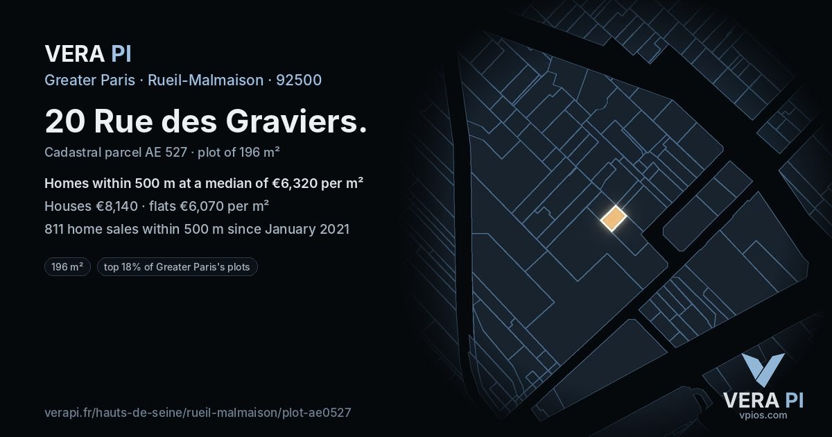 20 Rue des Graviers, Rueil-Malmaison at night – the plot lit, the parcels around coloured by the prices near them