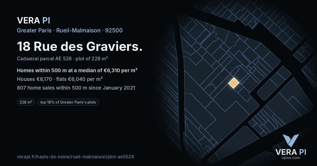 18 Rue des Graviers, Rueil-Malmaison at night – the plot lit, the parcels around coloured by the prices near them