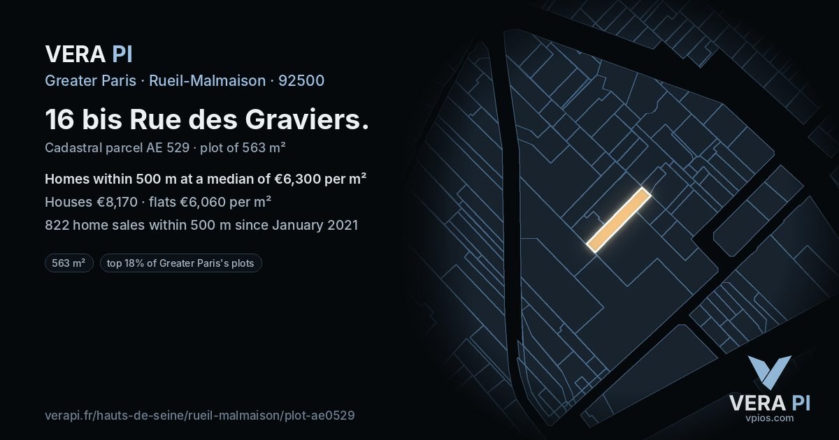 16 bis Rue des Graviers, Rueil-Malmaison at night – the plot lit, the parcels around coloured by the prices near them